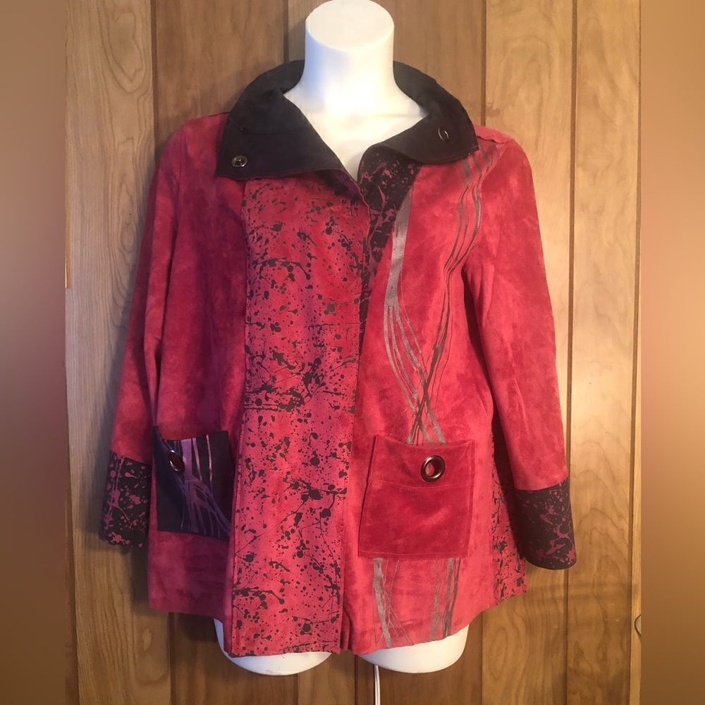 Lemon Grass womens large Rose zippered, hand printed ultra suede jacket